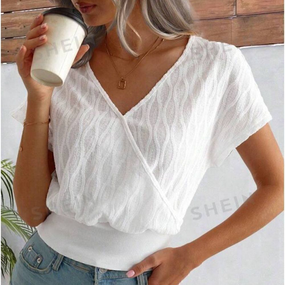 SHEIN white v neck slightly sheer top w banded hemline and cap sleeves size Lg
